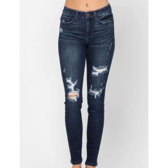 Judy Blue Skinny Fit Jeans Women's Destressed Dark Wash Stretch Tapered Leg 29 - Picture 1 of 11